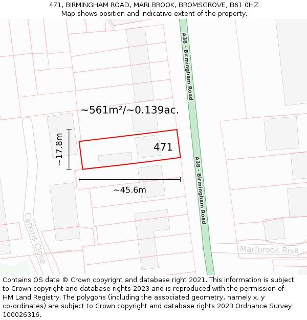 471, BIRMINGHAM ROAD, MARLBROOK, BROMSGROVE, B61 0HZ: Plot and title map