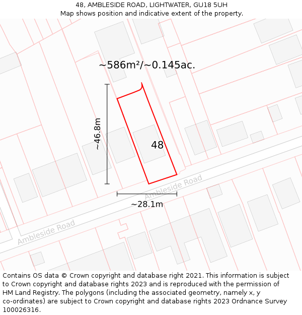 48, AMBLESIDE ROAD, LIGHTWATER, GU18 5UH: Plot and title map