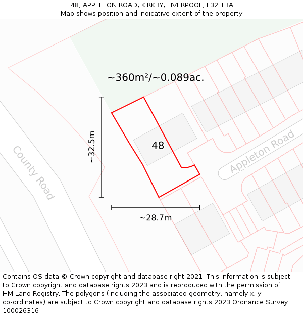 48, APPLETON ROAD, KIRKBY, LIVERPOOL, L32 1BA: Plot and title map