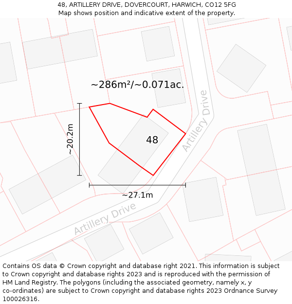 48, ARTILLERY DRIVE, DOVERCOURT, HARWICH, CO12 5FG: Plot and title map