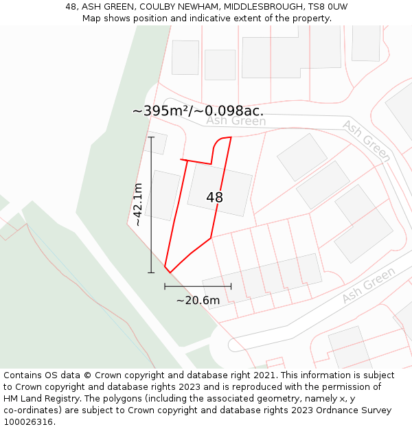 48, ASH GREEN, COULBY NEWHAM, MIDDLESBROUGH, TS8 0UW: Plot and title map