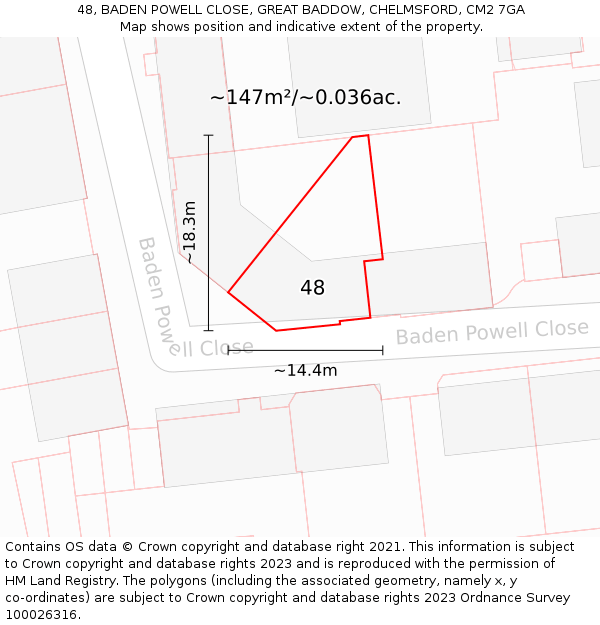 48, BADEN POWELL CLOSE, GREAT BADDOW, CHELMSFORD, CM2 7GA: Plot and title map