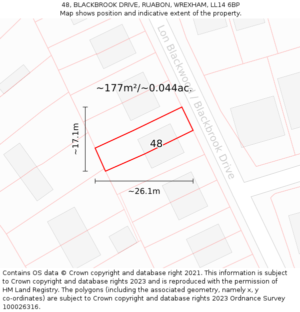 48, BLACKBROOK DRIVE, RUABON, WREXHAM, LL14 6BP: Plot and title map