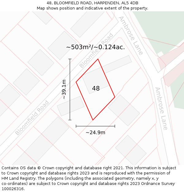 48, BLOOMFIELD ROAD, HARPENDEN, AL5 4DB: Plot and title map