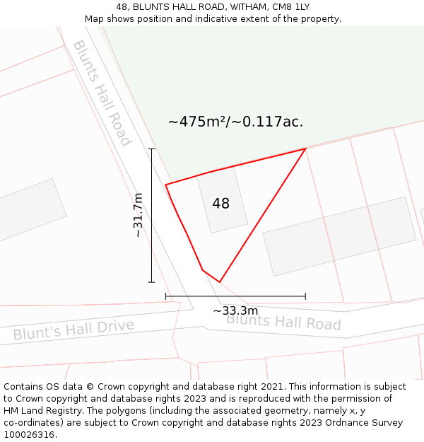 48, BLUNTS HALL ROAD, WITHAM, CM8 1LY: Plot and title map