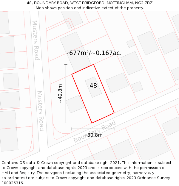 48, BOUNDARY ROAD, WEST BRIDGFORD, NOTTINGHAM, NG2 7BZ: Plot and title map