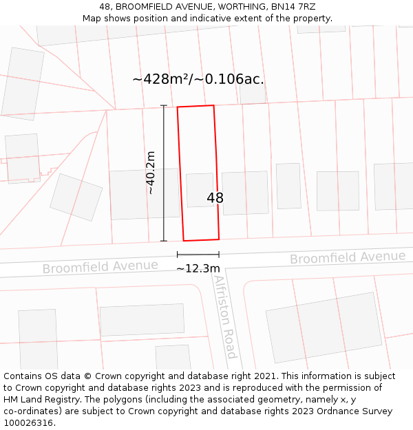 48, BROOMFIELD AVENUE, WORTHING, BN14 7RZ: Plot and title map