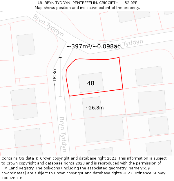 48, BRYN TYDDYN, PENTREFELIN, CRICCIETH, LL52 0PE: Plot and title map