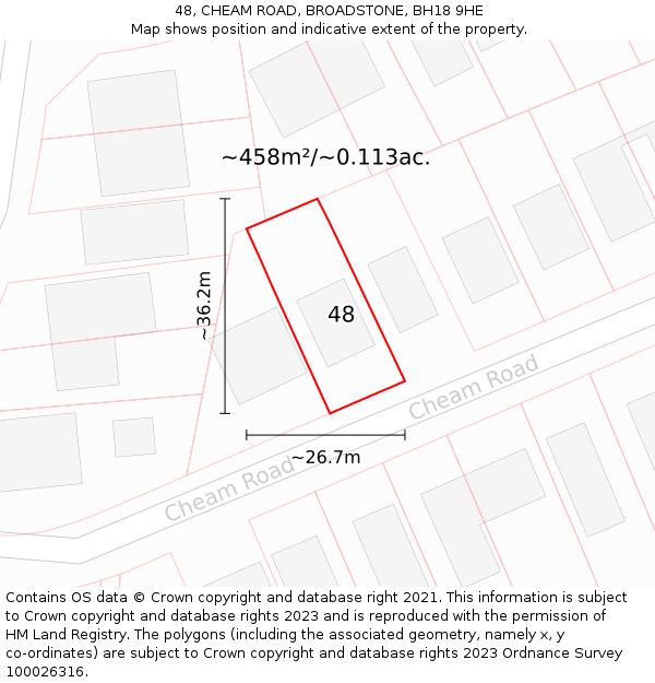 48, CHEAM ROAD, BROADSTONE, BH18 9HE: Plot and title map