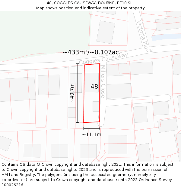 48, COGGLES CAUSEWAY, BOURNE, PE10 9LL: Plot and title map