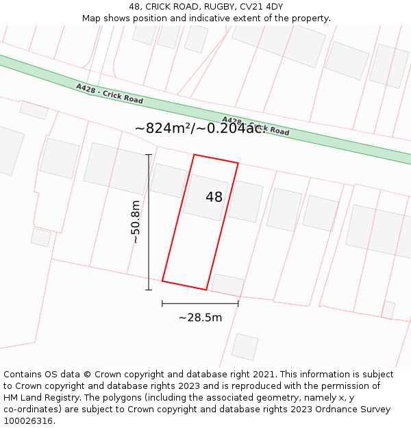 48, CRICK ROAD, RUGBY, CV21 4DY: Plot and title map