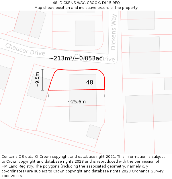 48, DICKENS WAY, CROOK, DL15 9FQ: Plot and title map