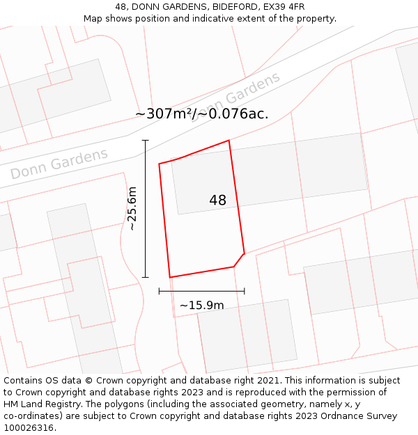 48, DONN GARDENS, BIDEFORD, EX39 4FR: Plot and title map