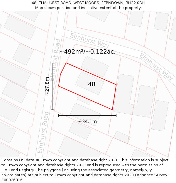 48, ELMHURST ROAD, WEST MOORS, FERNDOWN, BH22 0DH: Plot and title map