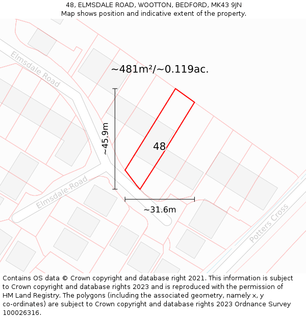 48, ELMSDALE ROAD, WOOTTON, BEDFORD, MK43 9JN: Plot and title map