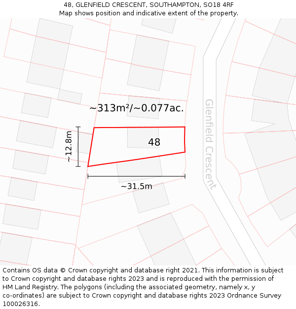 48, GLENFIELD CRESCENT, SOUTHAMPTON, SO18 4RF: Plot and title map