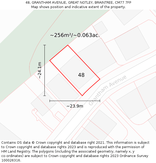 48, GRANTHAM AVENUE, GREAT NOTLEY, BRAINTREE, CM77 7FP: Plot and title map