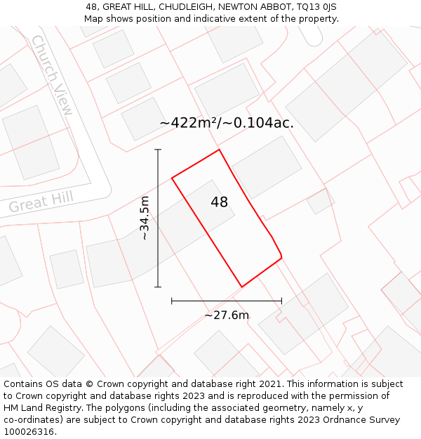 48, GREAT HILL, CHUDLEIGH, NEWTON ABBOT, TQ13 0JS: Plot and title map