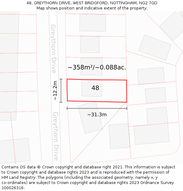 48, GREYTHORN DRIVE, WEST BRIDGFORD, NOTTINGHAM, NG2 7GD: Plot and title map