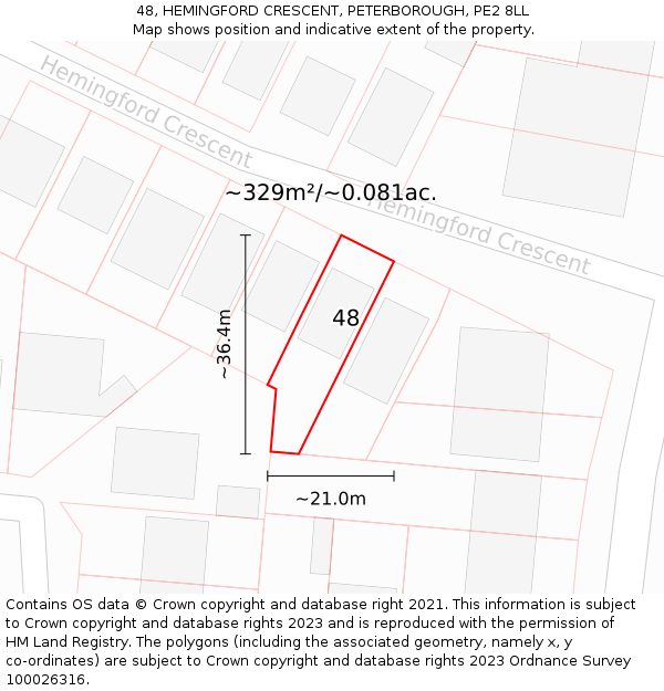 48, HEMINGFORD CRESCENT, PETERBOROUGH, PE2 8LL: Plot and title map