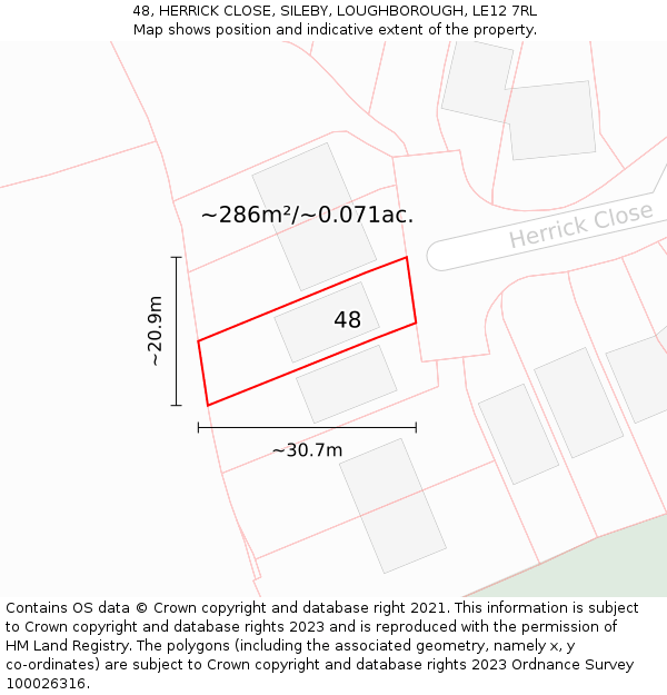 48, HERRICK CLOSE, SILEBY, LOUGHBOROUGH, LE12 7RL: Plot and title map