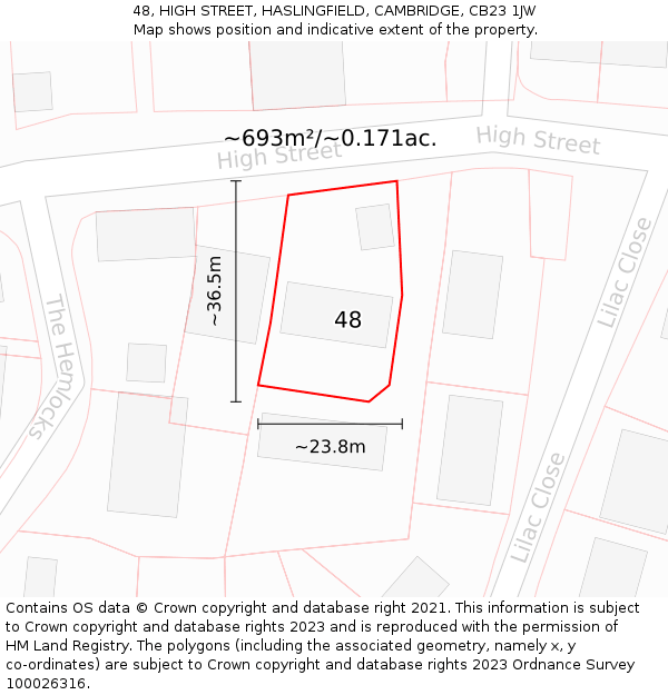 48, HIGH STREET, HASLINGFIELD, CAMBRIDGE, CB23 1JW: Plot and title map