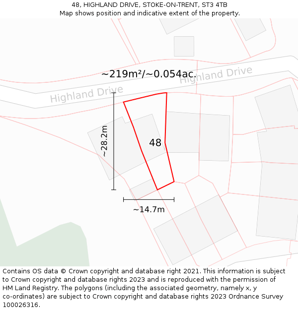 48, HIGHLAND DRIVE, STOKE-ON-TRENT, ST3 4TB: Plot and title map