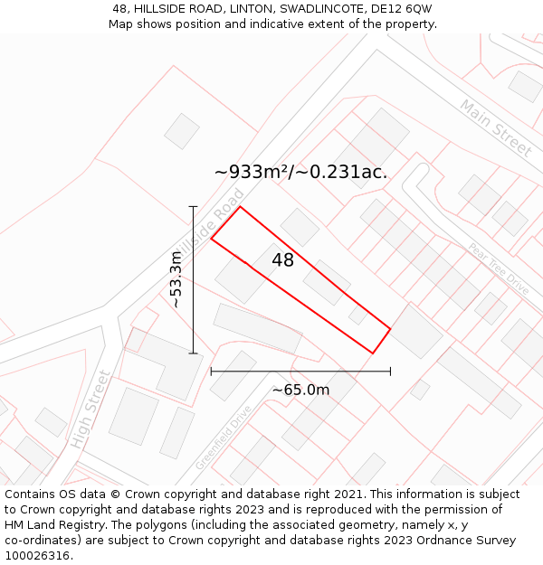 48, HILLSIDE ROAD, LINTON, SWADLINCOTE, DE12 6QW: Plot and title map