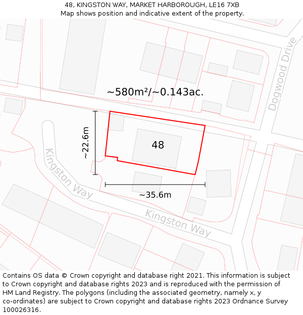 48, KINGSTON WAY, MARKET HARBOROUGH, LE16 7XB: Plot and title map