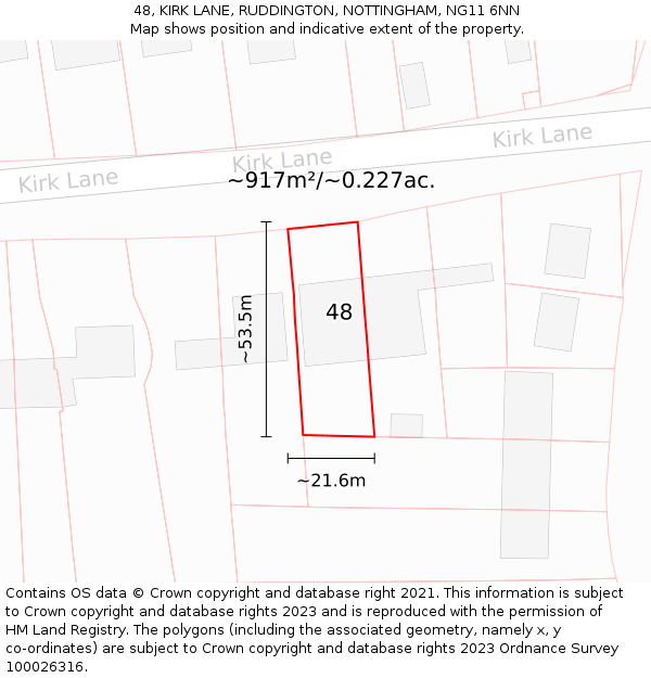 48, KIRK LANE, RUDDINGTON, NOTTINGHAM, NG11 6NN: Plot and title map