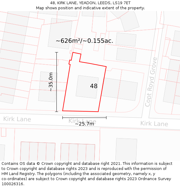 48, KIRK LANE, YEADON, LEEDS, LS19 7ET: Plot and title map