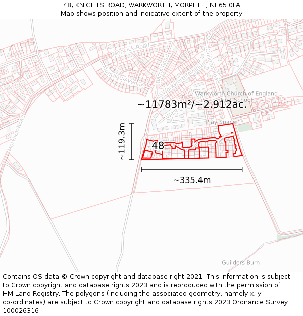 48, KNIGHTS ROAD, WARKWORTH, MORPETH, NE65 0FA: Plot and title map