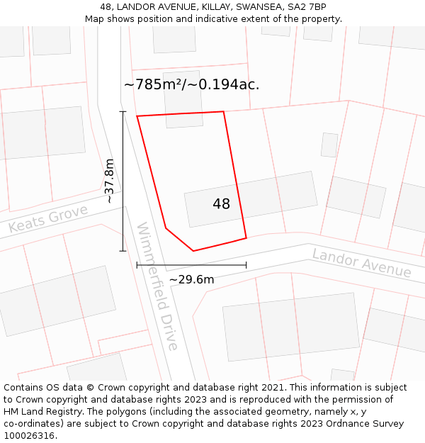 48, LANDOR AVENUE, KILLAY, SWANSEA, SA2 7BP: Plot and title map