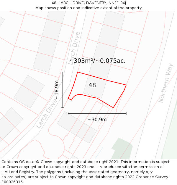 48, LARCH DRIVE, DAVENTRY, NN11 0XJ: Plot and title map