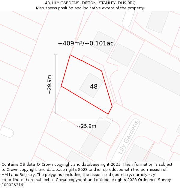 48, LILY GARDENS, DIPTON, STANLEY, DH9 9BQ: Plot and title map