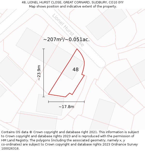 48, LIONEL HURST CLOSE, GREAT CORNARD, SUDBURY, CO10 0YY: Plot and title map