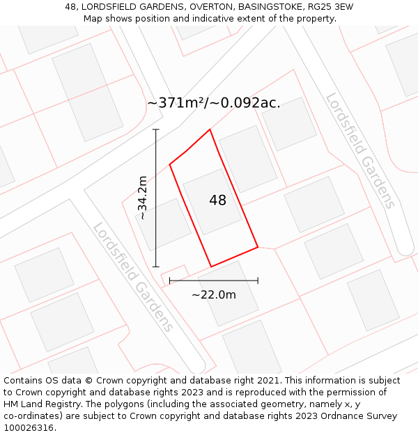 48, LORDSFIELD GARDENS, OVERTON, BASINGSTOKE, RG25 3EW: Plot and title map