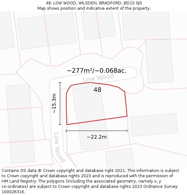 48, LOW WOOD, WILSDEN, BRADFORD, BD15 0JS: Plot and title map