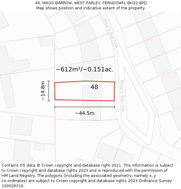 48, MAGS BARROW, WEST PARLEY, FERNDOWN, BH22 8PD: Plot and title map