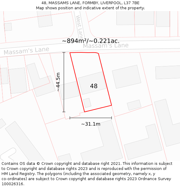 48, MASSAMS LANE, FORMBY, LIVERPOOL, L37 7BE: Plot and title map