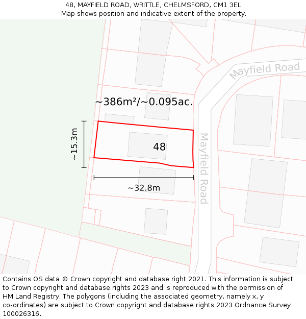 48, MAYFIELD ROAD, WRITTLE, CHELMSFORD, CM1 3EL: Plot and title map