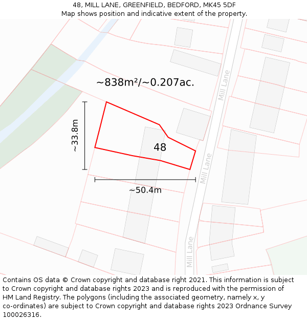 48, MILL LANE, GREENFIELD, BEDFORD, MK45 5DF: Plot and title map