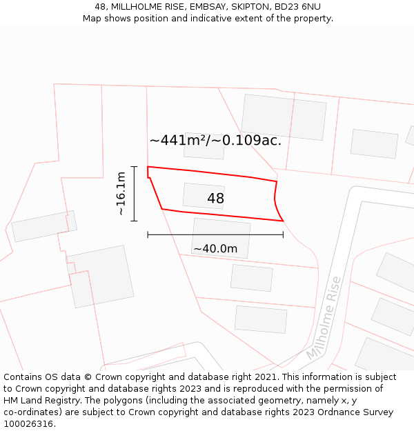 48, MILLHOLME RISE, EMBSAY, SKIPTON, BD23 6NU: Plot and title map