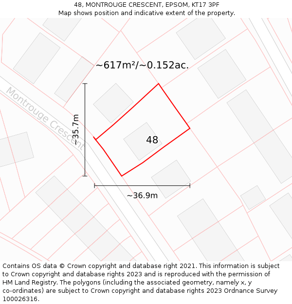 48, MONTROUGE CRESCENT, EPSOM, KT17 3PF: Plot and title map