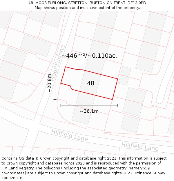 48, MOOR FURLONG, STRETTON, BURTON-ON-TRENT, DE13 0PD: Plot and title map