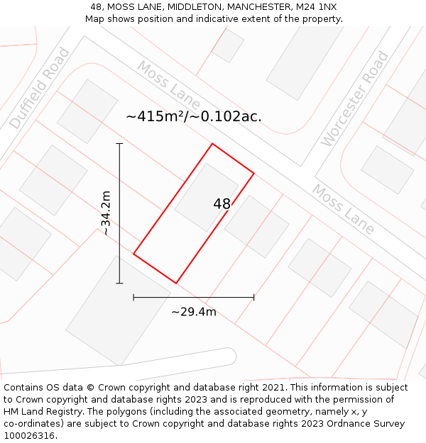 48, MOSS LANE, MIDDLETON, MANCHESTER, M24 1NX: Plot and title map