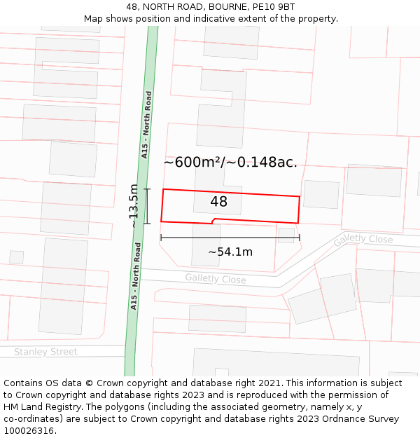 48, NORTH ROAD, BOURNE, PE10 9BT: Plot and title map