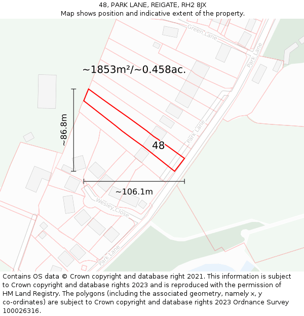 48, PARK LANE, REIGATE, RH2 8JX: Plot and title map