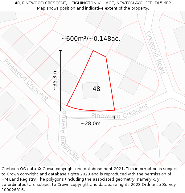 48, PINEWOOD CRESCENT, HEIGHINGTON VILLAGE, NEWTON AYCLIFFE, DL5 6RP: Plot and title map