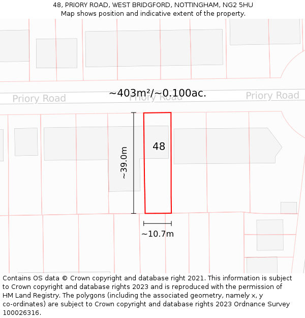 48, PRIORY ROAD, WEST BRIDGFORD, NOTTINGHAM, NG2 5HU: Plot and title map